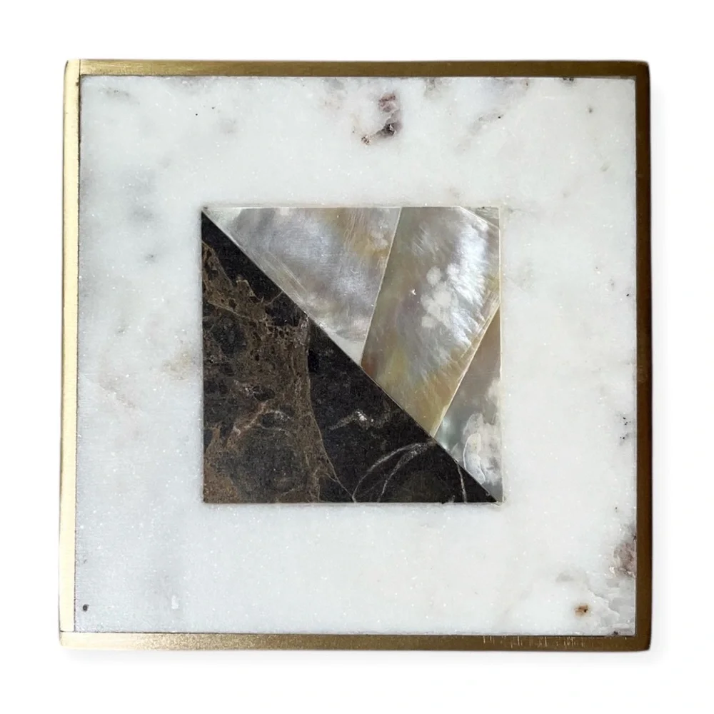 NIB CB2 Two Fold Marble Brass Abalone Coasters - 4” x 4”